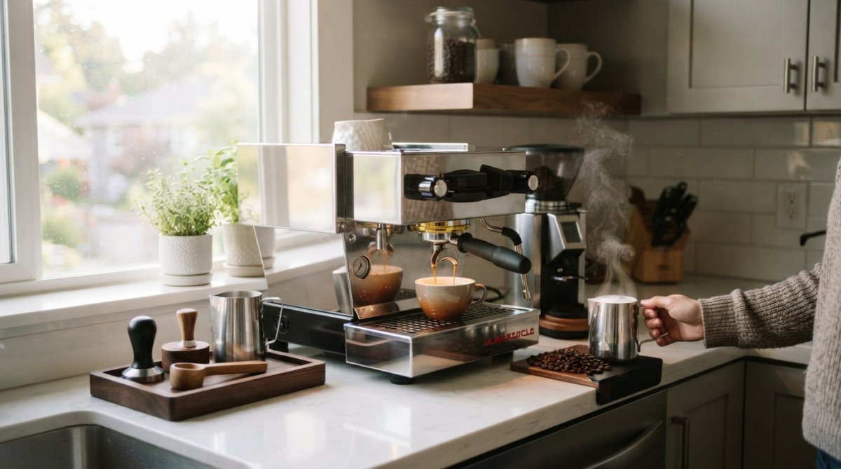 A sleek stainless steel espresso machine on a modern kitchen countertop, a steaming pitcher and fresh coffee beans nearby, soft morning light streaming through a window