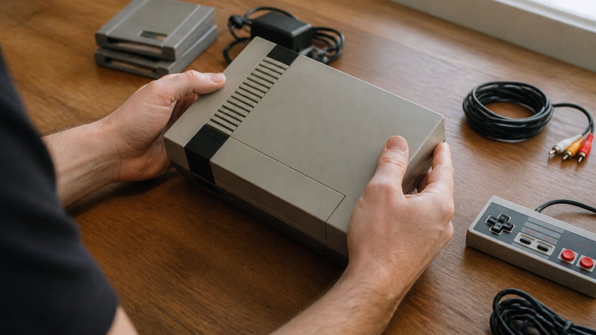 Gamer inspecting a refurbished retro console and cables on a wooden desk