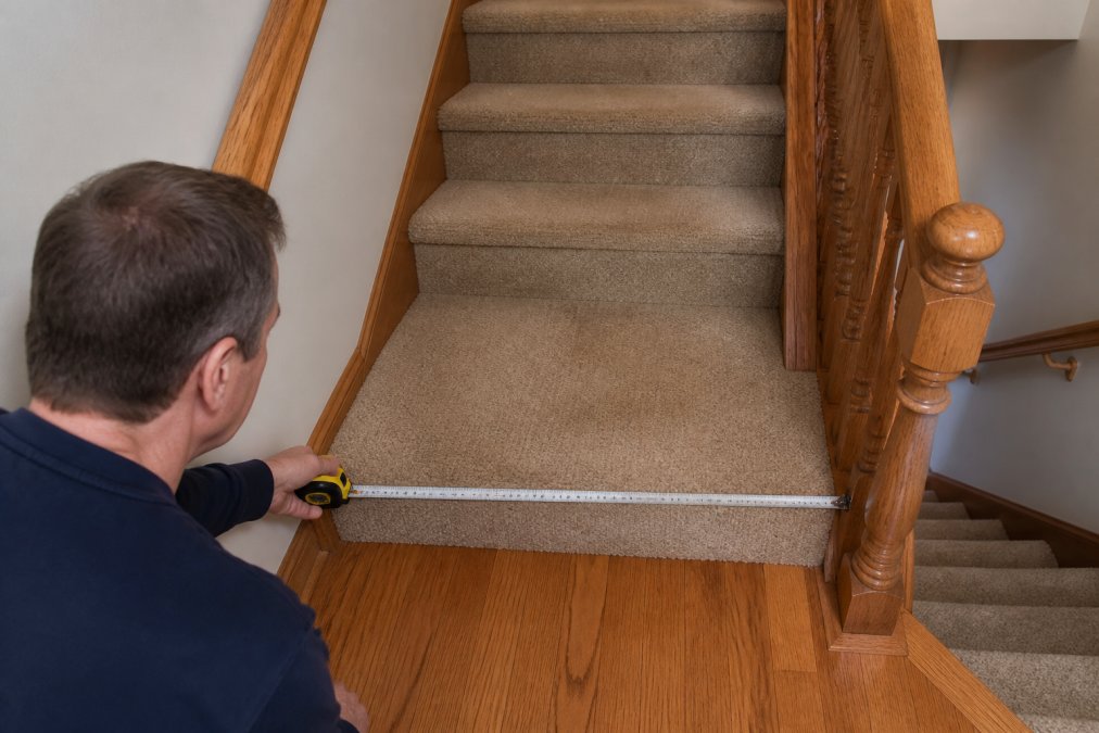 Homeowner carefully measuring staircase width with a metal measuring tape, showing the distance from one wall to the open side of an L-shaped staircase with wooden handrails and carpeted steps