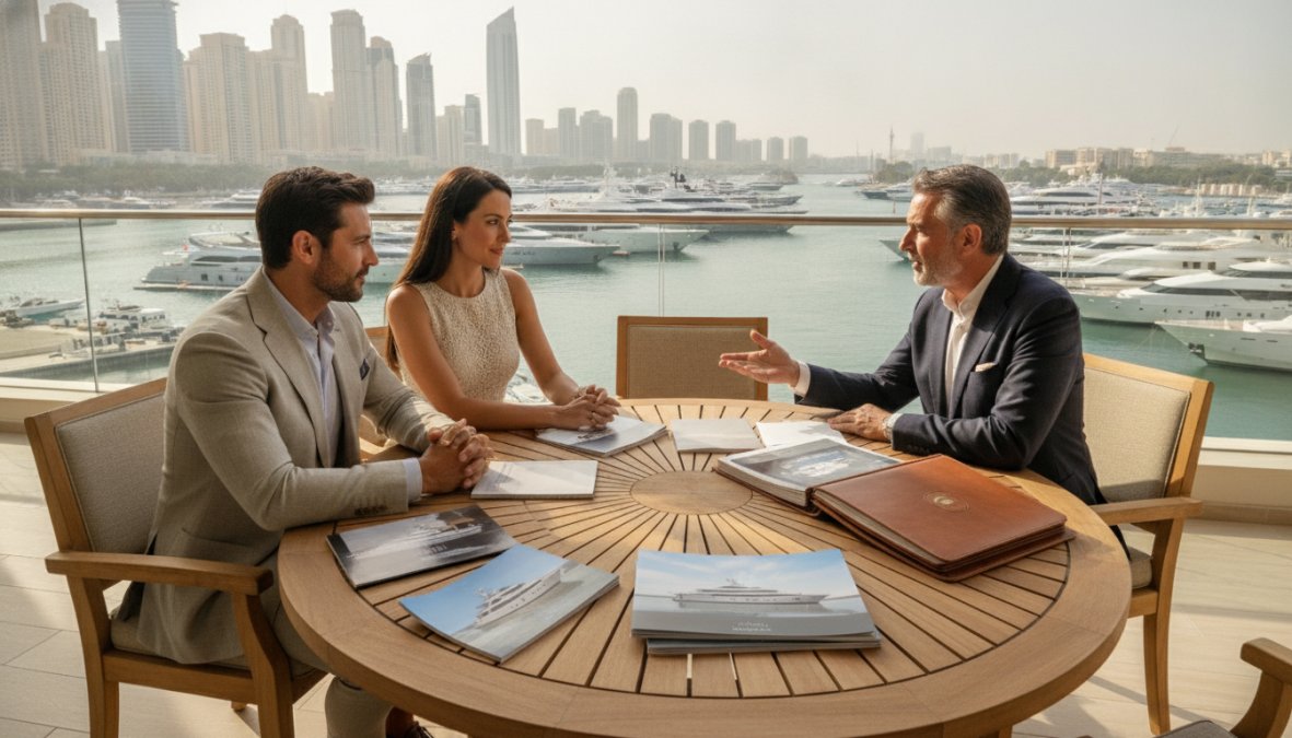 Professional illustration showing Professional, Dubai Marina for how to buy a superyacht in Dubai