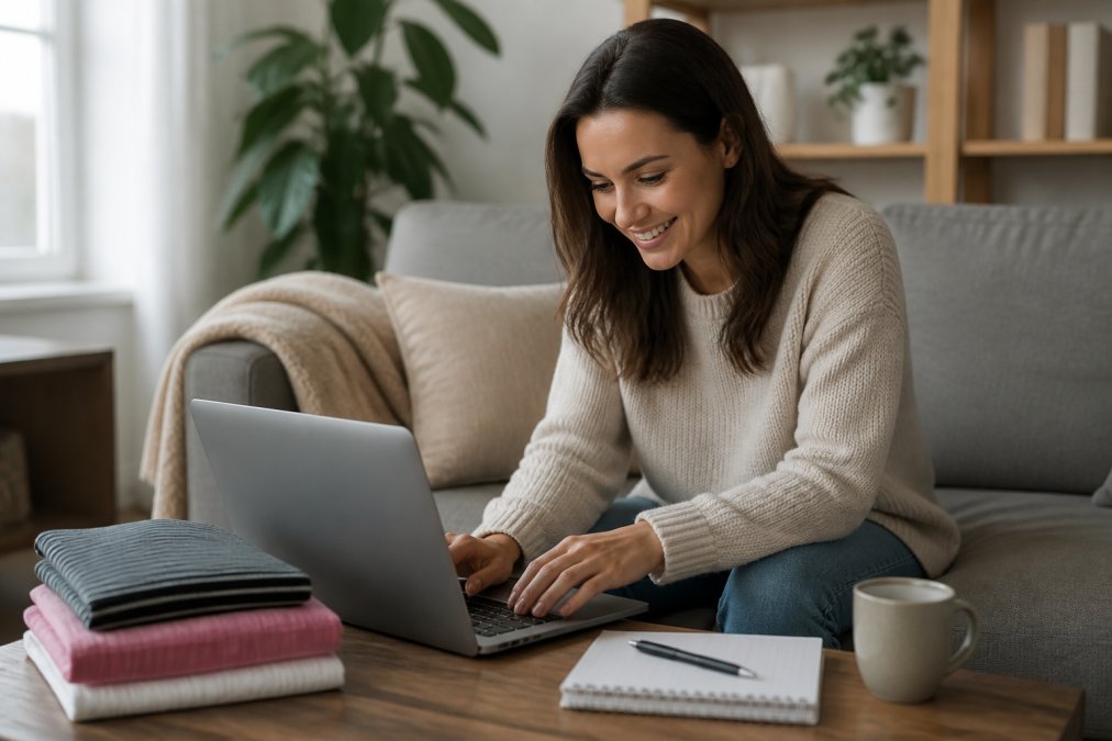 Woman sitting on a couch browsing affordable Canadian fashion online on her laptop with a notebook nearby.