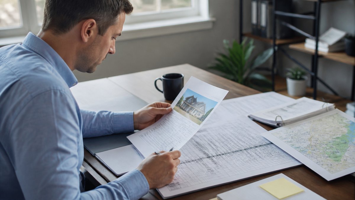 Real estate investor reviewing property documents, market analysis spreadsheets, and location maps at a desk with laptop and coffee in natural office lighting