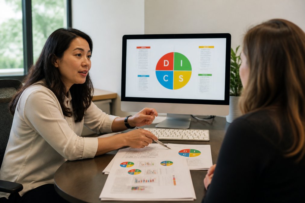 Professional in an office setting reviewing assessment results on a computer screen, with printed profile reports on the desk