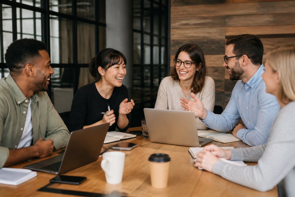 Diverse team of professionals collaborating around a conference table, smiling and engaged in discussion, with laptops and notebooks visible