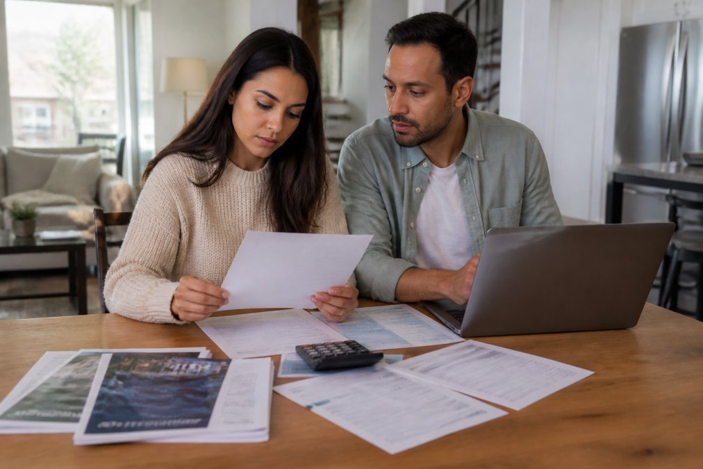 Couple sitting at dining table with laptop, calculator, and financial documents spread out, reviewing budget and pre-approval letter together in bright natural light