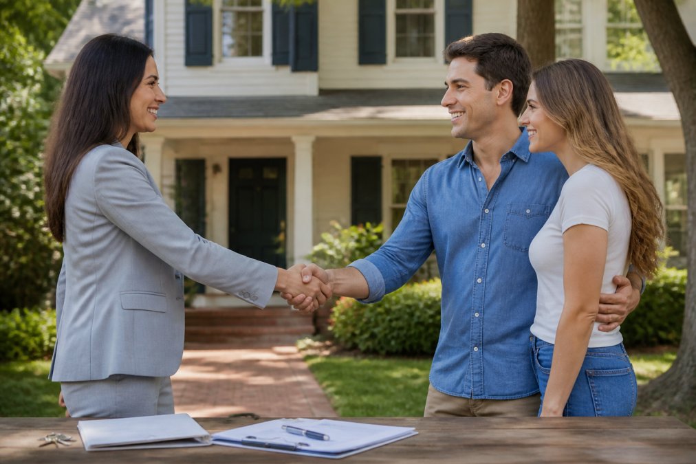 Real estate professional and clients shaking hands in front of home with closing documents visible on nearby table, natural daylight