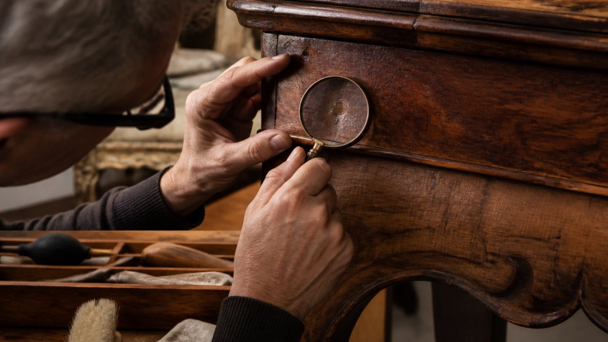 Close-up of hands examining an antique wooden furniture piece, inspecting maker's marks, patina, and wear patterns with a magnifying glass under warm lighting