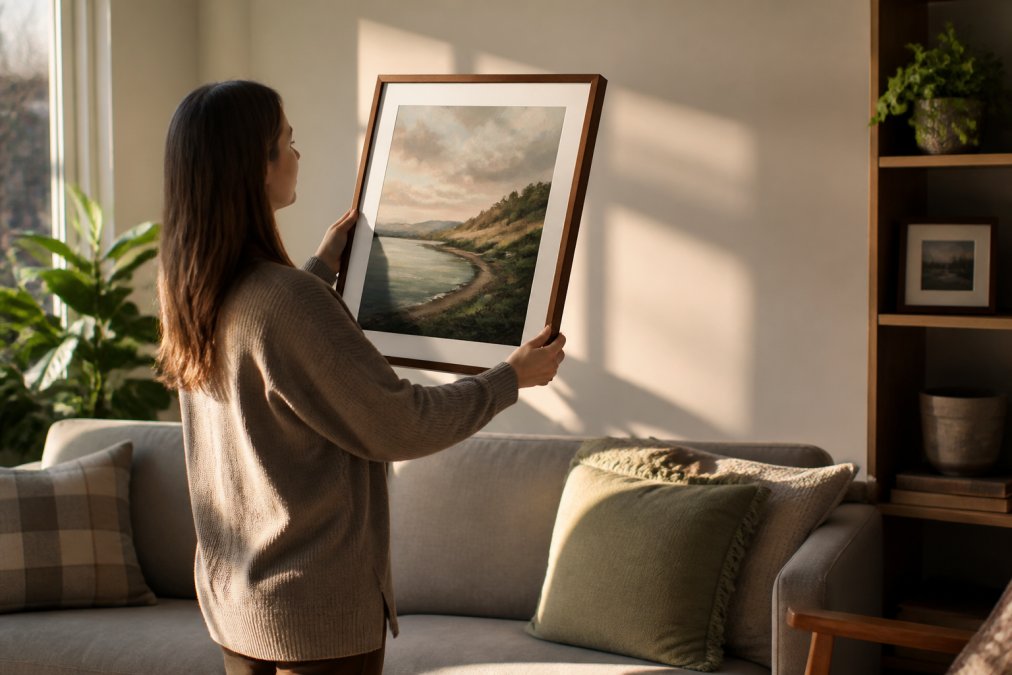 A person carefully holding a framed art print against a neutral living room wall, tilting their head to assess the color palette and scale in warm afternoon light