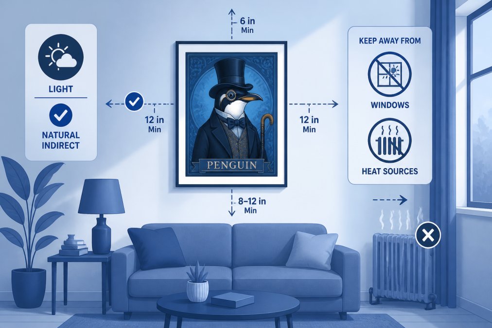 Framed art print displayed on a living room wall in natural indirect sunlight, positioned away from windows and heat sources, showing proper mounting and environmental placement