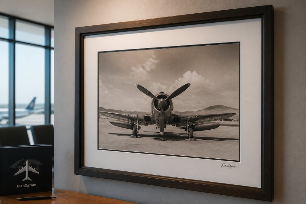 Professional museum-quality framing of a vintage military aircraft photograph, showing archival matting, UV-protective glass, and wooden frame with visible signature detail under gallery lighting