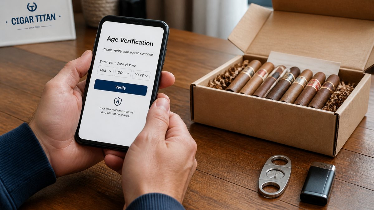Infographic showing the process of age verification, tax compliance, and shipping for tobacco orders