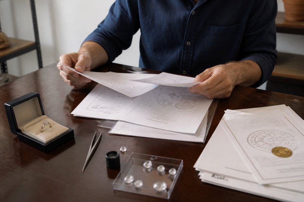 Jeweler reviewing certification documents and appraisal paperwork at a desk, with a secure payment interface visible on a computer screen and a magnifying loupe nearby