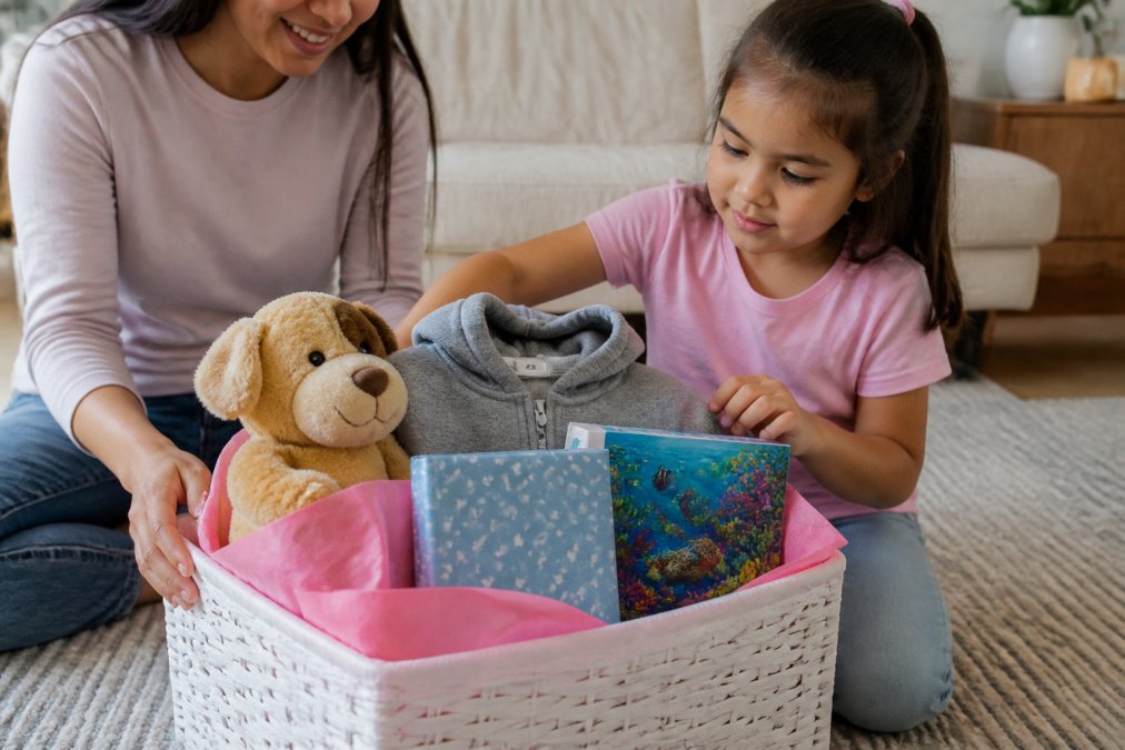 Parent and child arranging character themed gifts like plush toys and puzzles into a colorful gift basket.