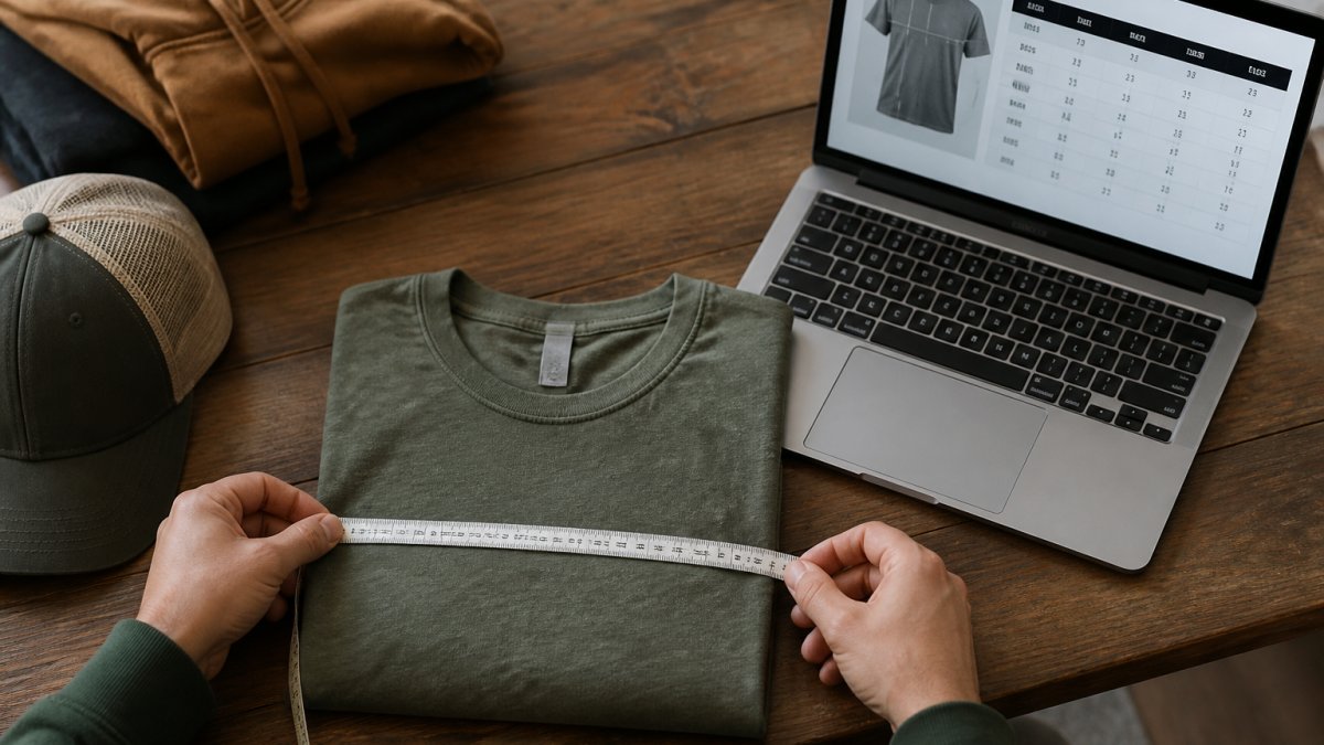 Overhead shot of hands holding a soft measuring tape against a folded cotton t-shirt on a wooden table, with a laptop showing a size chart open beside it