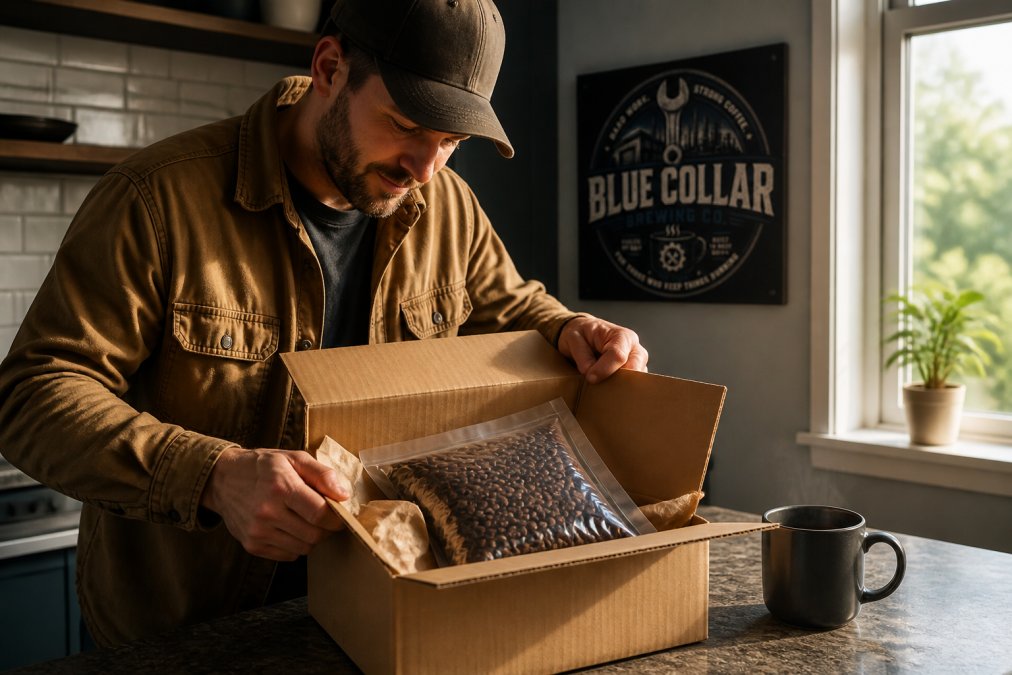 A person in work clothes opening a cardboard coffee delivery box on a kitchen counter, revealing a vacuum-sealed bag and roasted beans, morning light through the window