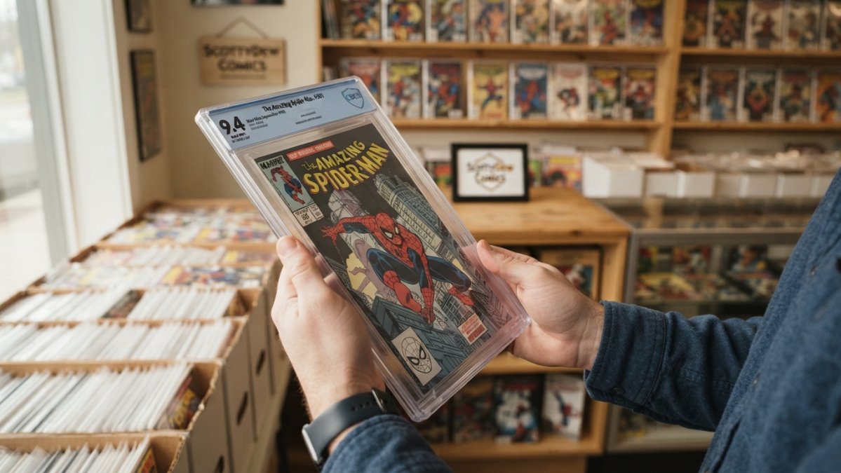 Close-up of hands holding a graded comic book slab, examining the condition label and PSA/CGC certification details under natural light