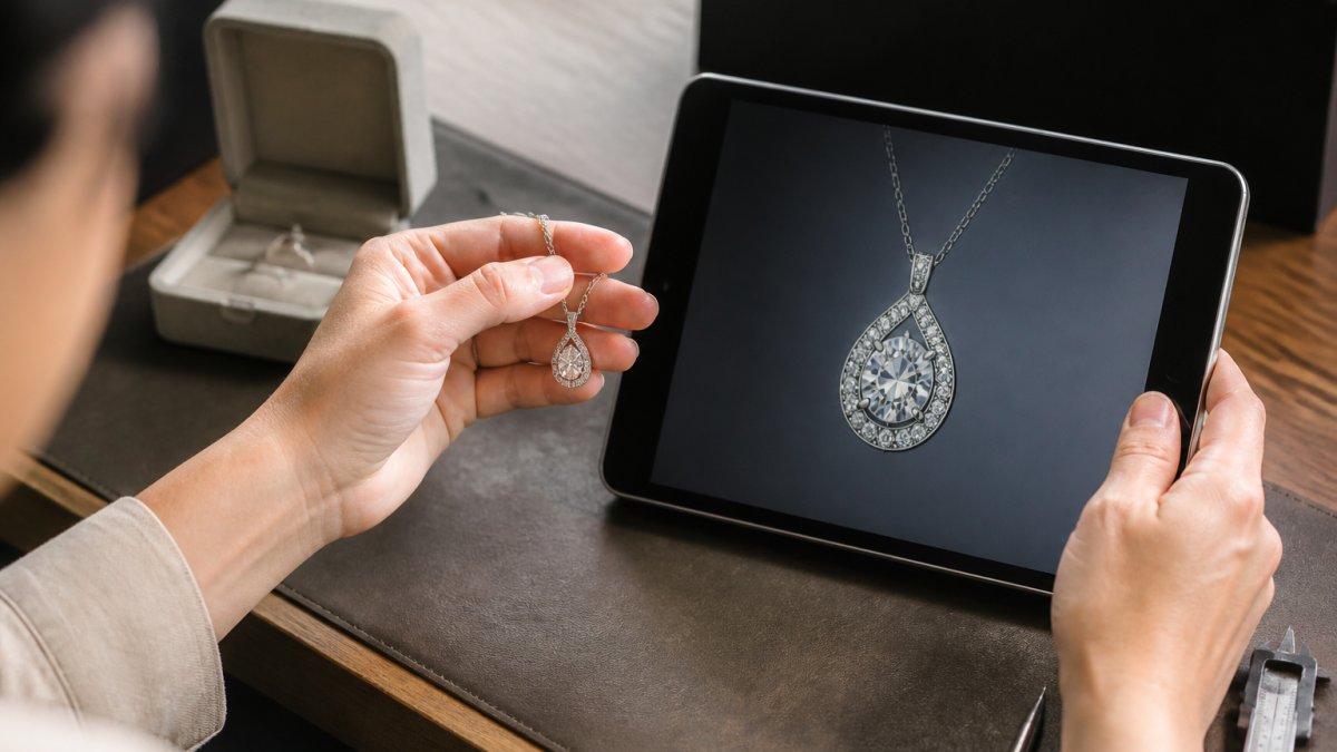 Close-up of hands holding a custom diamond pendant while reviewing a digital design mockup on a tablet screen in natural studio lighting