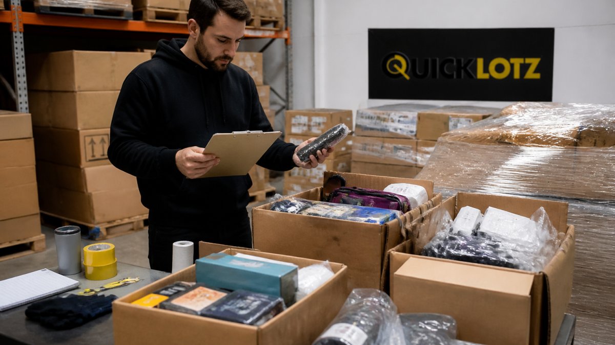 Professional reseller inspecting opened liquidation pallet boxes in warehouse setting, examining product condition while holding manifest checklist, natural warehouse lighting