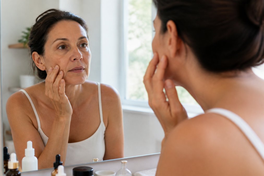 A woman in her 40s examining her skin in a bathroom mirror with natural light, touching her cheek gently, skincare products visible on the counter