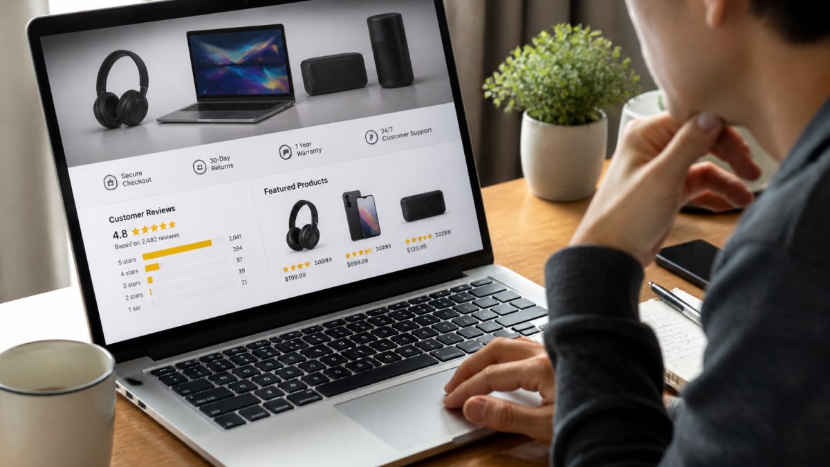 Close-up of a laptop screen displaying an online electronics retailer's homepage with visible security badges, customer review ratings, and product listings clearly shown