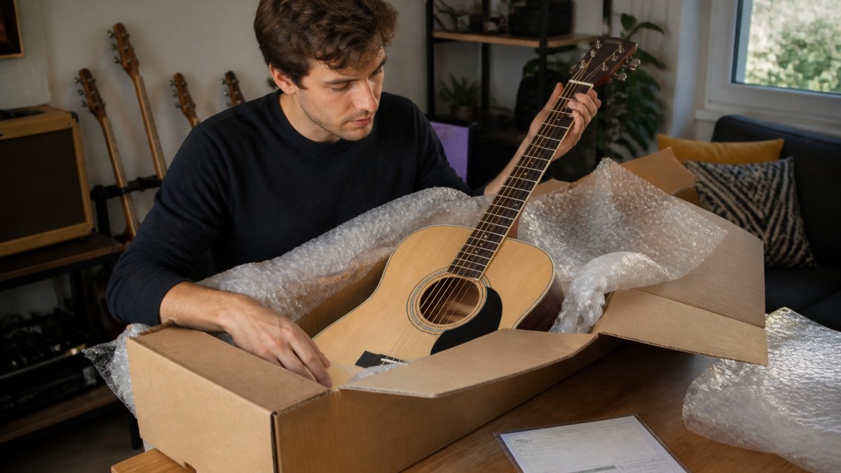 Guitarist unboxing a new acoustic guitar at home, highlighting the careful delivery process when buying instruments online.