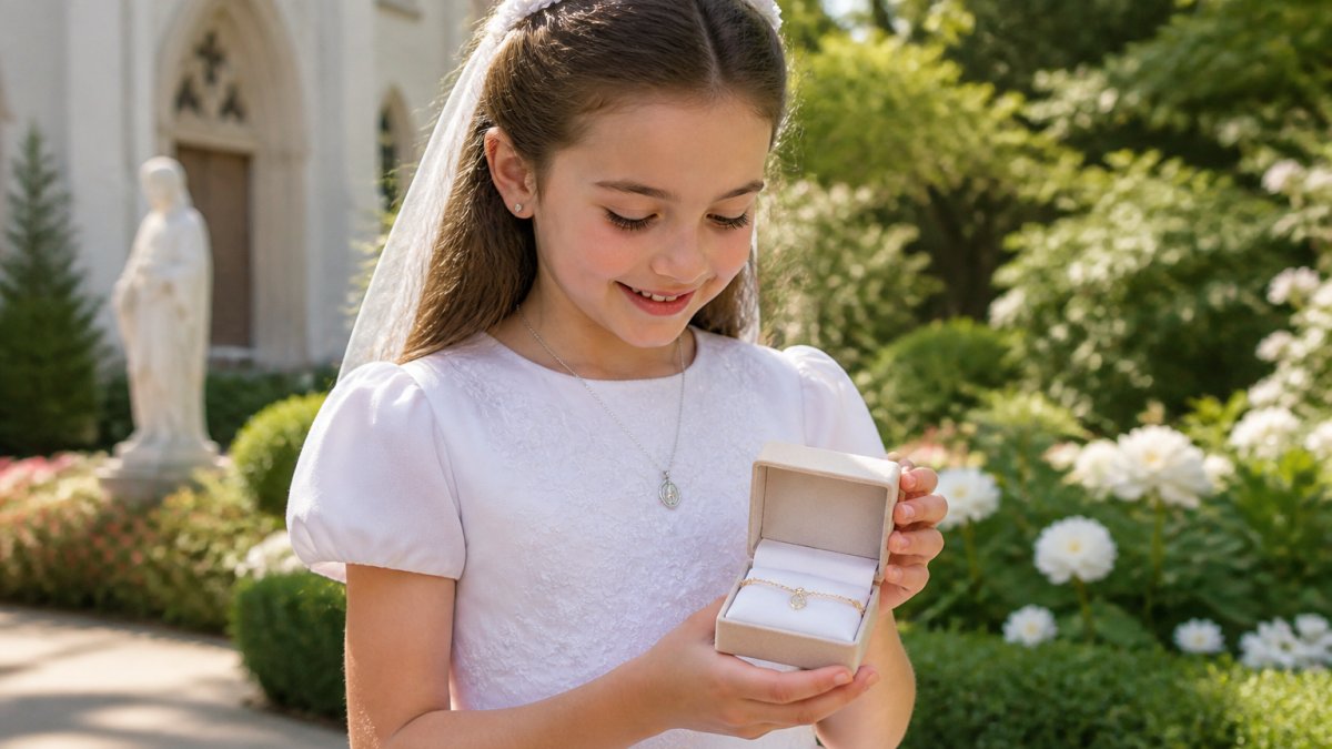 A young girl in a white First Communion dress holding a small gift box with a gold bracelet inside, soft natural light in a church garden