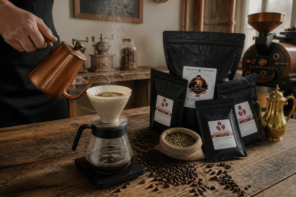 Hands pouring hot water over fresh roasted coffee grounds in a ceramic pour-over dripper, with whole beans scattered on a wooden surface beside the brewer, steam rising in natural morning light