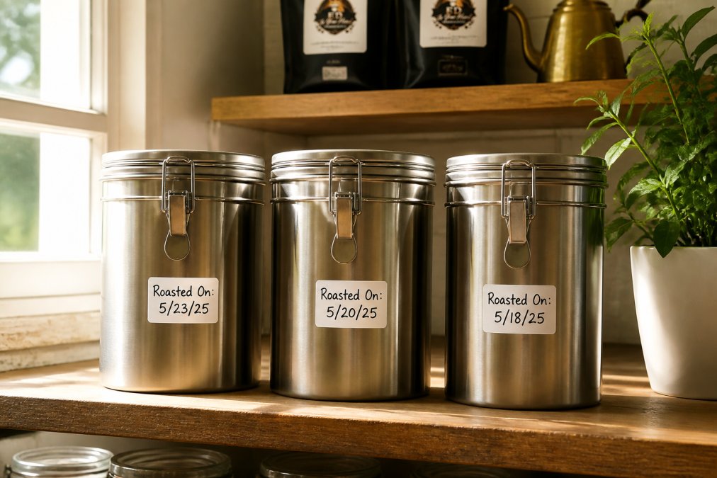 Three airtight stainless steel coffee storage containers arranged on a kitchen shelf with roast date labels clearly visible on each, showing organized freshness preservation with morning sunlight filtering through a nearby window
