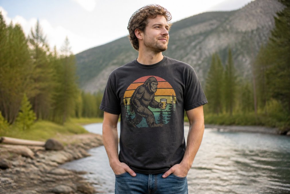 A person standing outdoors in natural daylight wearing a relaxed-fit vintage-style graphic t-shirt with a humorous retro design, looking confident and relaxed with hands in pockets