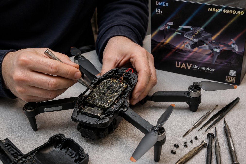 Close-up of hands carefully inspecting a drone's flight controller board and propeller arms under bright workshop lighting, checking for cracks and solder damage