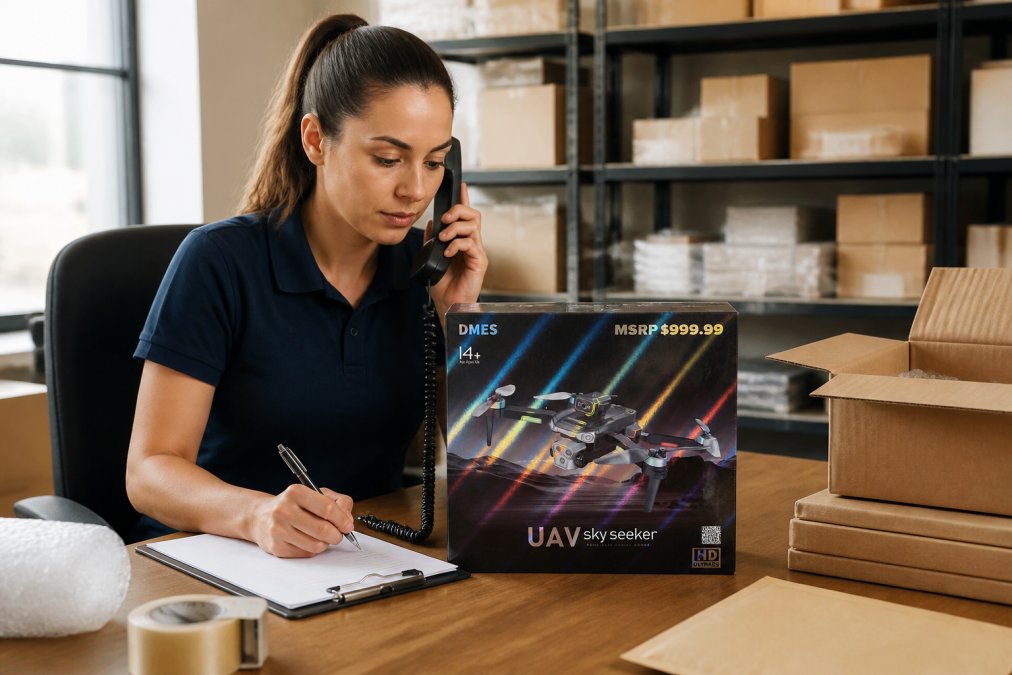 Customer service representative at a desk with multiple computer monitors displaying inventory systems, surrounded by drone boxes and packaging materials, reviewing a custom order request