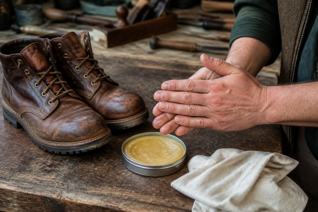 Close-up of weathered leather work boots on a wooden workbench, with a small tin of wax and a buffing cloth beside them, hands gently warming the wax before application