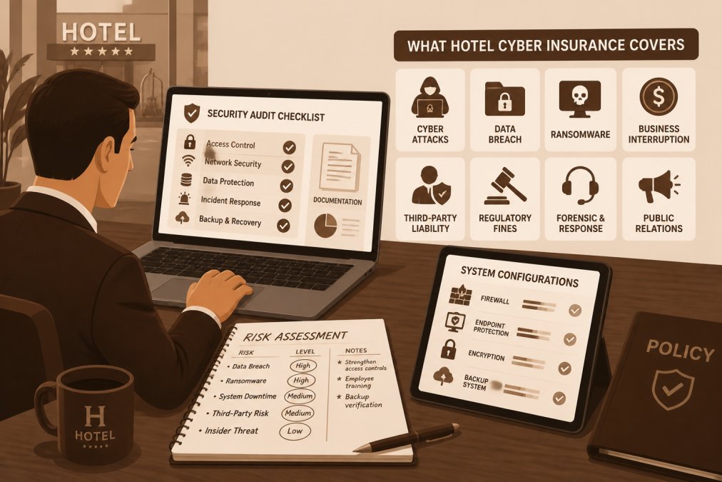 Hotel manager reviewing security audit checklist and documentation on a laptop at a desk, with handwritten risk assessment notes and a tablet showing system configurations nearby