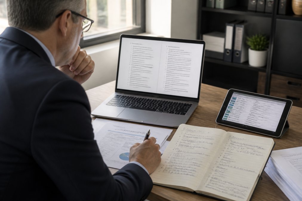 Hotel manager or IT director reviewing security audit documentation and a written incident response plan on a laptop at a desk, with handwritten notes about system vulnerabilities and a tablet displaying network configuration details nearby