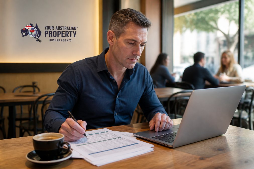 A property investor reviewing suburb data on a laptop at a Melbourne café, with property documents and a coffee on the table