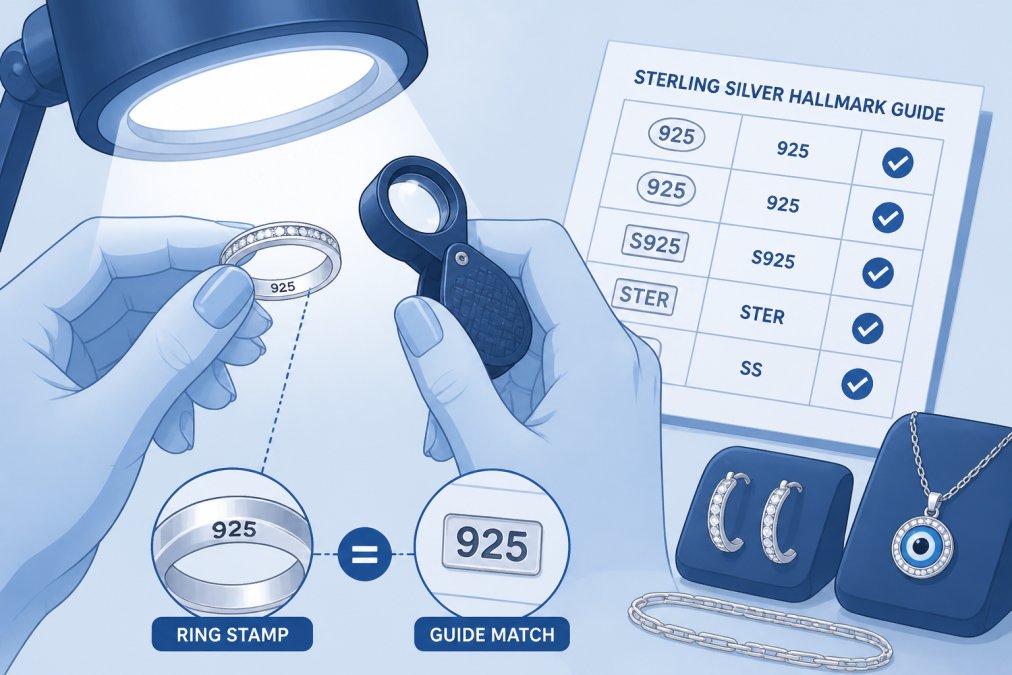 Person's hands examining a sterling silver ring under bright magnifying light, holding a jeweler's loupe and comparing hallmark stamps with a reference guide on paper