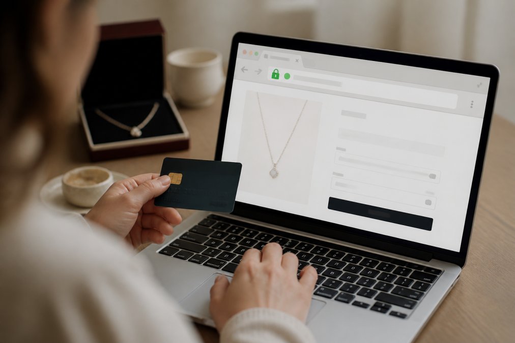 Person entering payment information on a laptop with a padlock icon visible in the browser address bar and a green security indicator showing the connection is encrypted