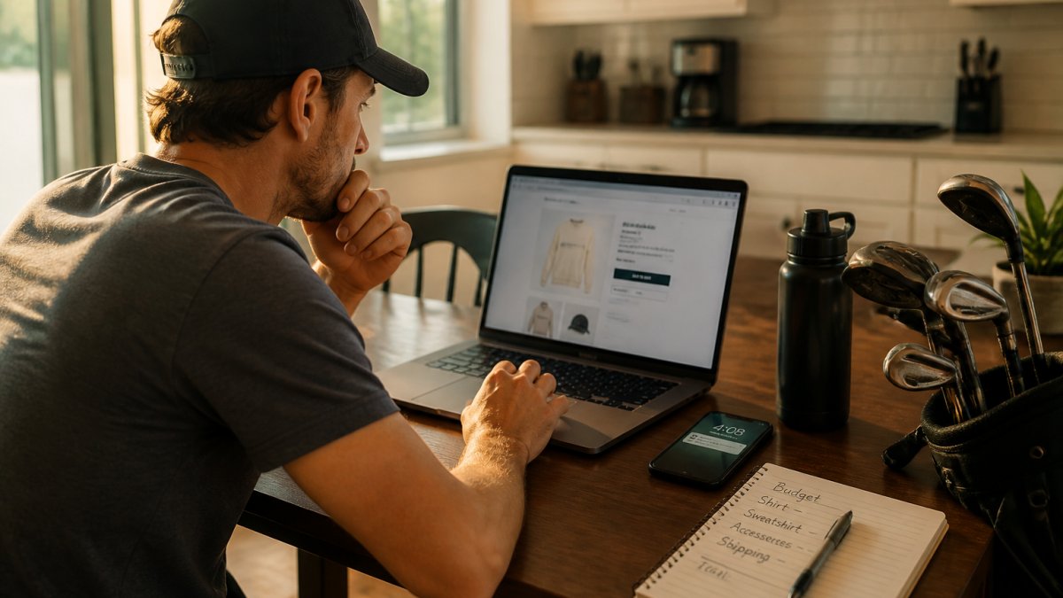 A golfer in his thirties sitting at a kitchen table with a laptop open to a golf apparel product page, a smartphone showing a drop alert notification beside it, and a notebook with a short budget list