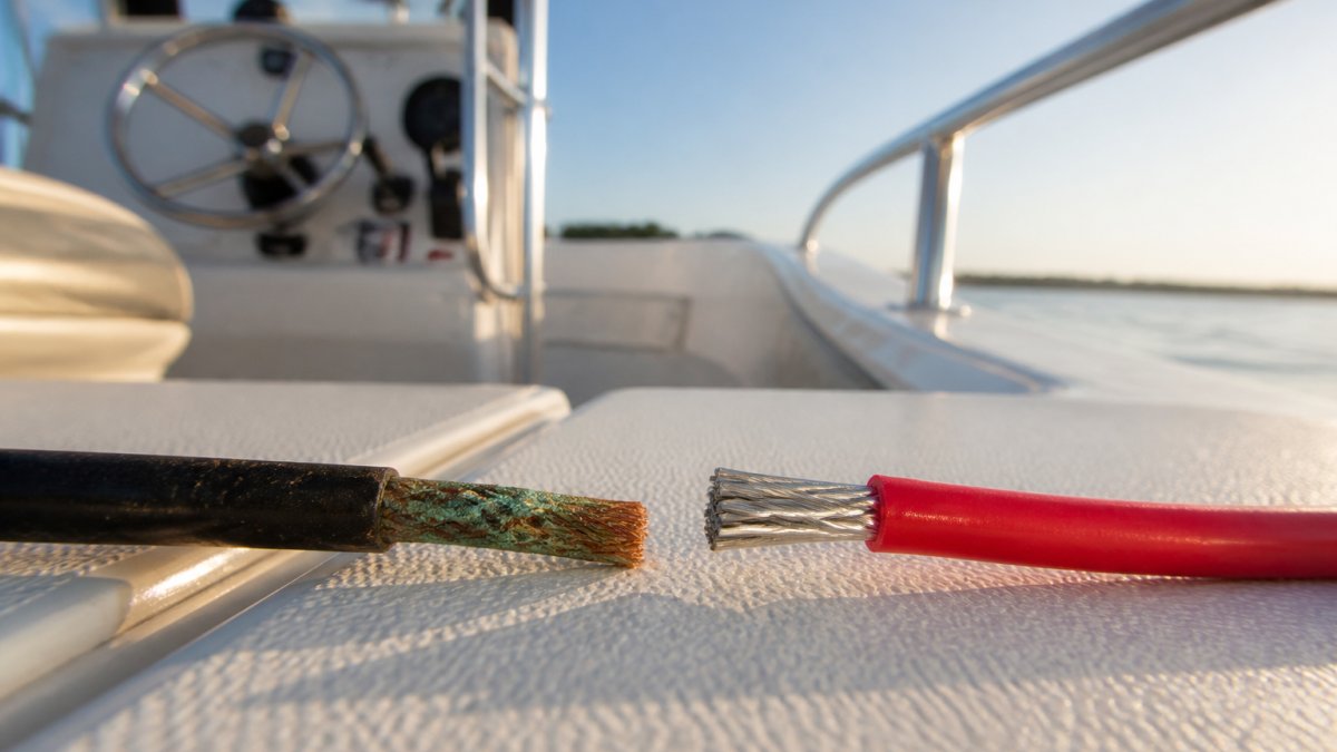 Close-up of weathered automotive wire with green corrosion at a stripped end next to fresh tinned marine wire on a boat deck, morning sunlight