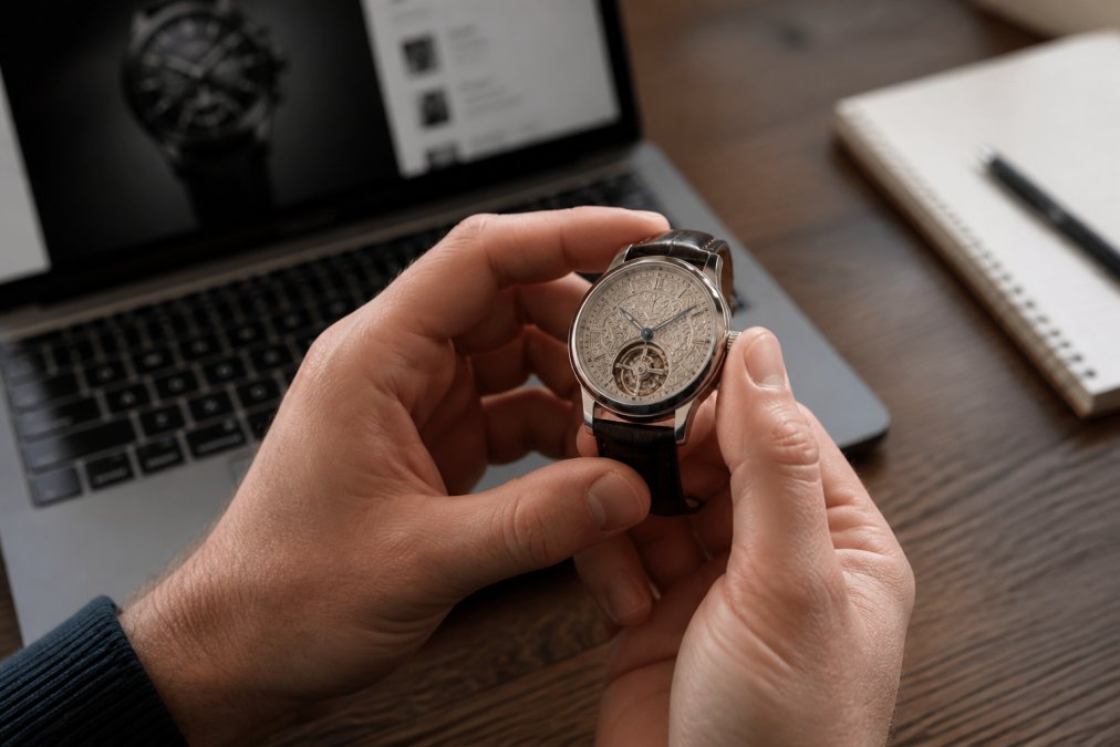 A close-up photograph of a person's hands holding a mechanical watch with an ornate dial, soft natural light highlighting the titanium case and guilloche texture, a laptop with a watch product page visible in the blurred background