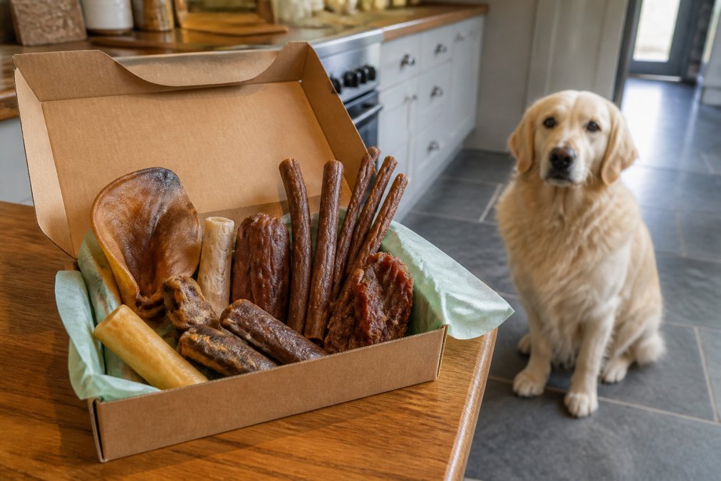 A hand-packed letterbox treat box on a kitchen worktop, filled with a mix of natural chews, sausages and jerky sticks, with a dog waiting patiently in the background