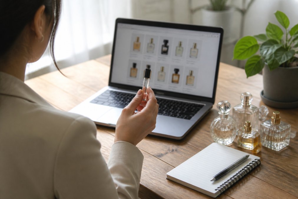Person sitting at a desk with a laptop and perfume vials to buy perfume without smelling online.