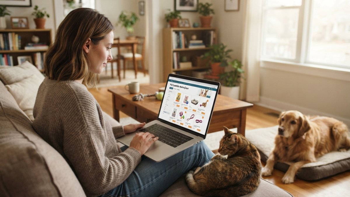 Pet owner reviewing products on a laptop with a dog and cat nearby, comparing different pet supplies on screen in home setting