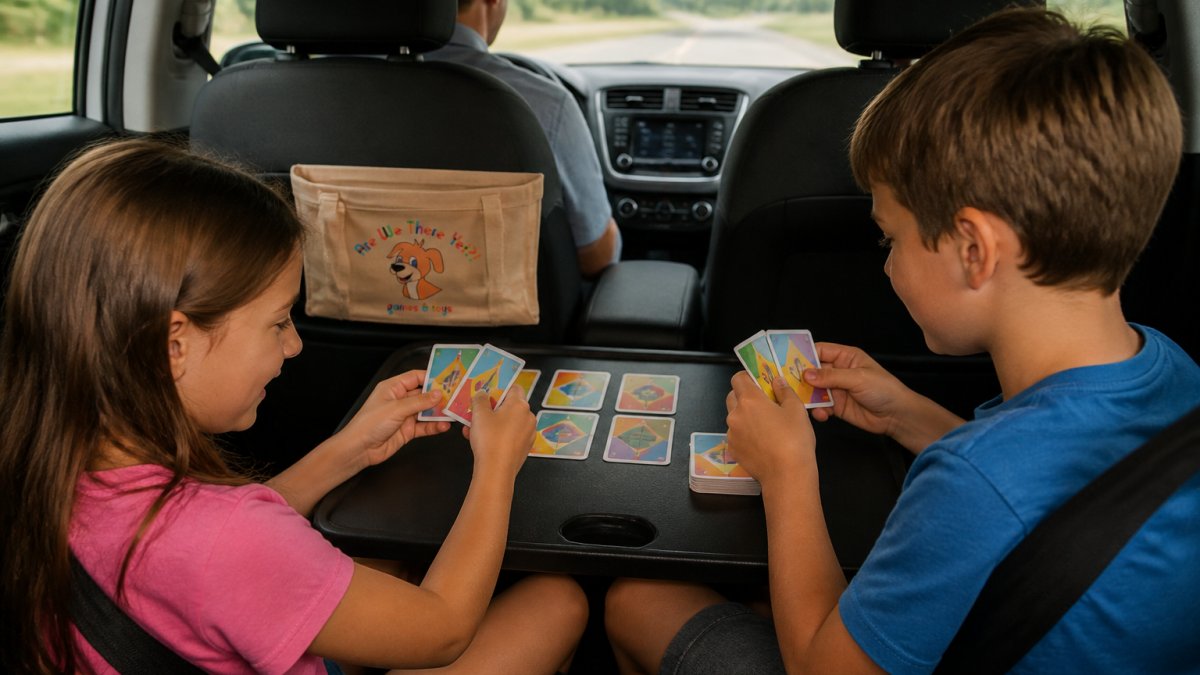 Two kids sitting in the back seat of a car playing a colorful card game on a small tray, seatbelts on, a parent smiling in the rearview mirror