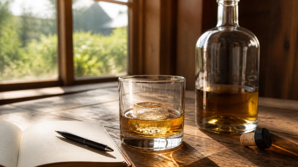 A whiskey glass with a single large ice cube on a wooden table beside an open bottle, warm afternoon light through a window, tasting notebook and pen nearby