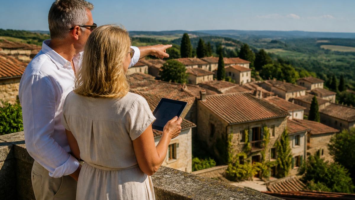 Couple researching to buy property in Italy while overlooking a hillside village from a sunlit terrace