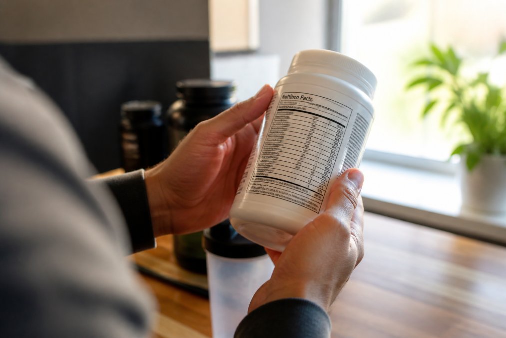 Close-up of hands holding a supplement bottle and reading the detailed ingredients list and nutritional information in bright natural window light