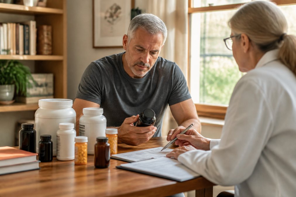 Person at a wooden desk reviewing multiple supplement bottles and prescription medication bottles while consulting with healthcare provider notes and a reference guide in afternoon natural light