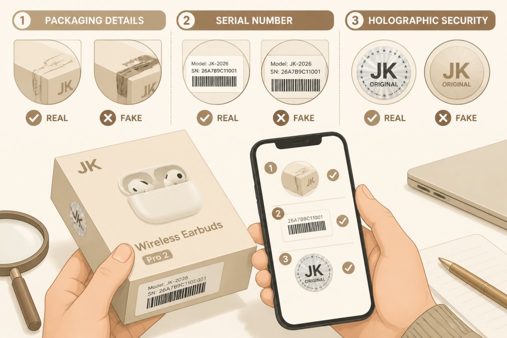Close-up of hands examining a tech gadget, comparing product packaging details, serial numbers, and holographic security features on a bright white surface