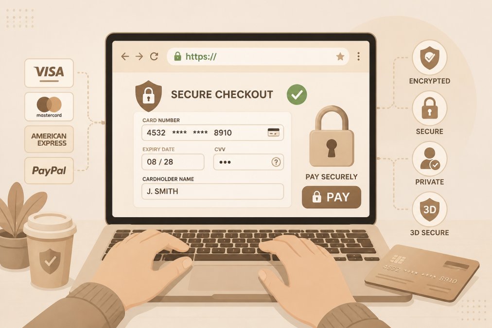 Person entering payment information on a laptop with a padlock icon visible on the browser address bar, showing a secure checkout page with green security indicators